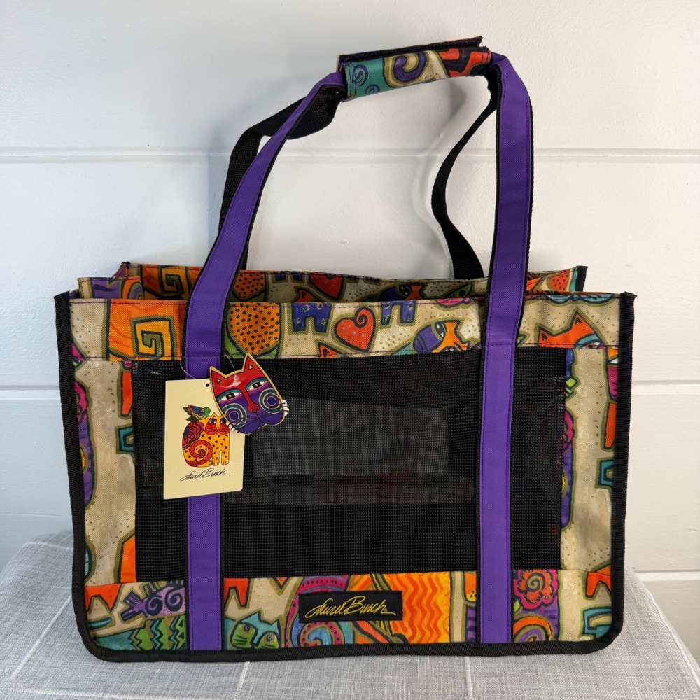 Laurel Burch Cat Carrier Multicolor Feline Art Mesh Pet Travel Tote Bag NEW